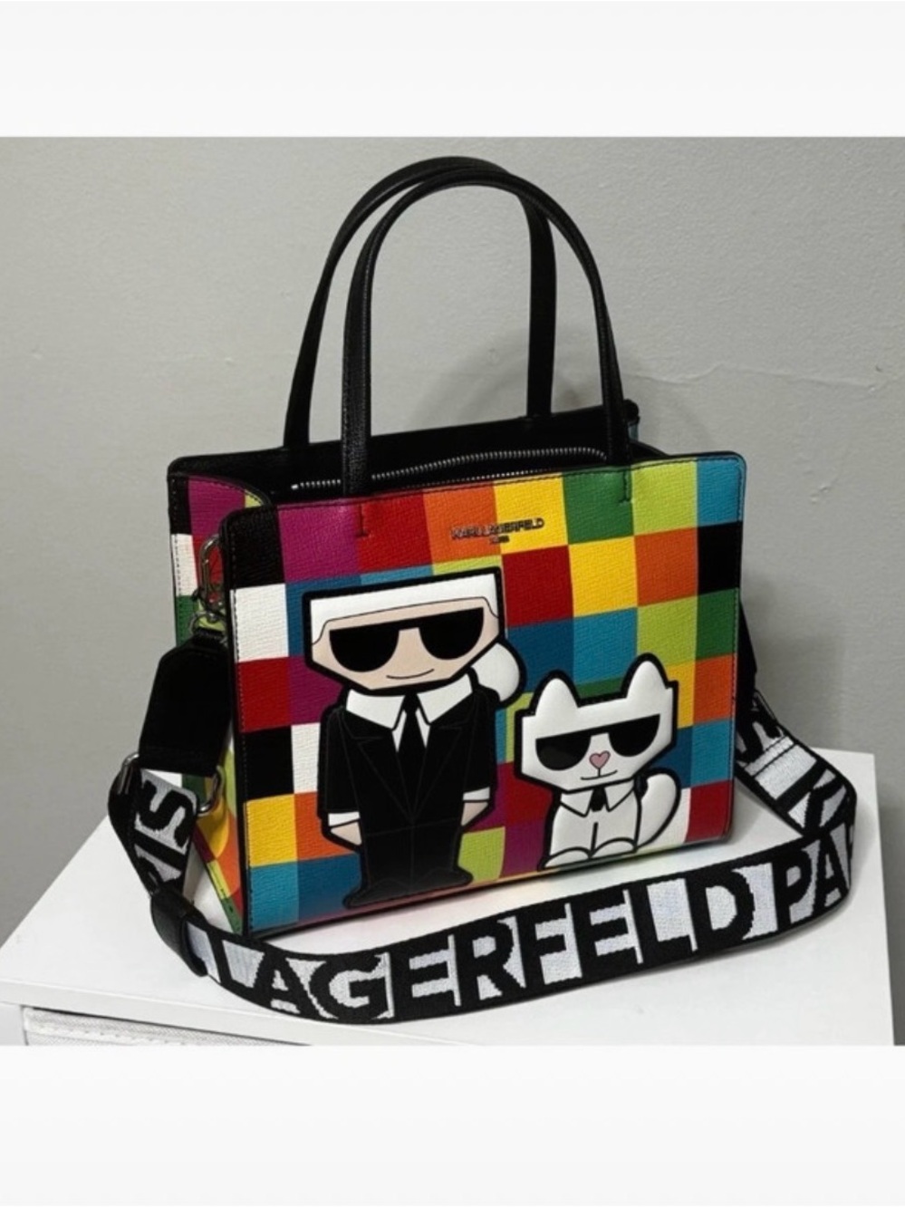Karl Lagerfeld Rainbow Check Satchel with Character Patches